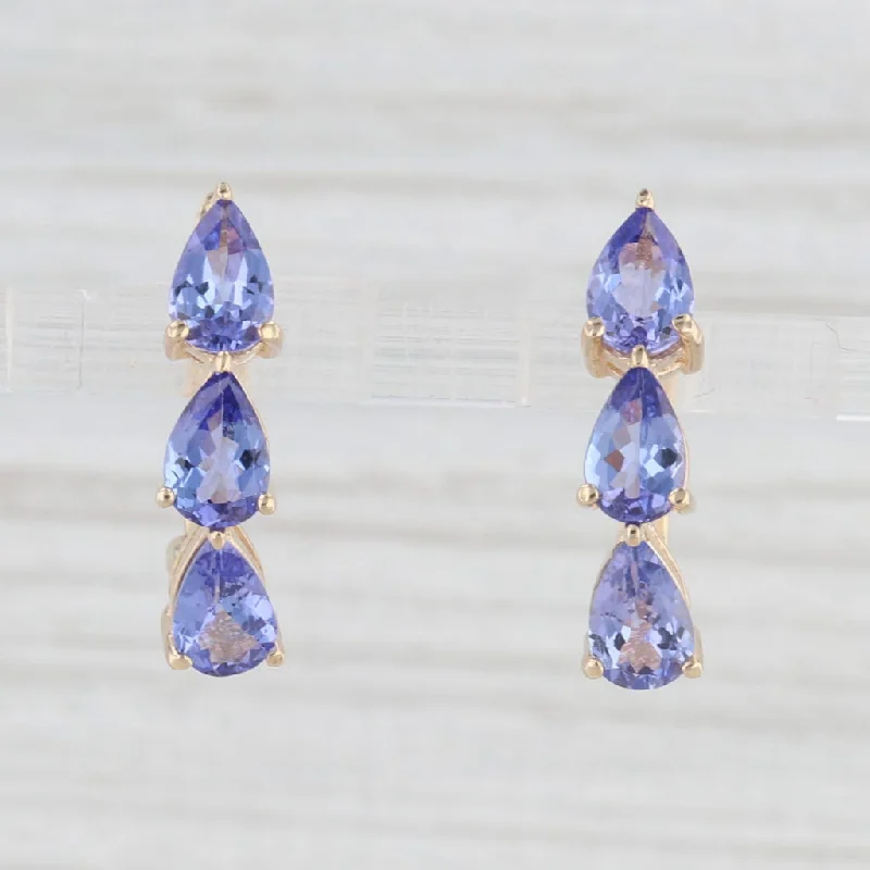 Unique Wooden Earrings For Nature Lovers-3.60ctw 3-Stone Tanzanite Drop Earrings 14k Yellow Gold Snap Top