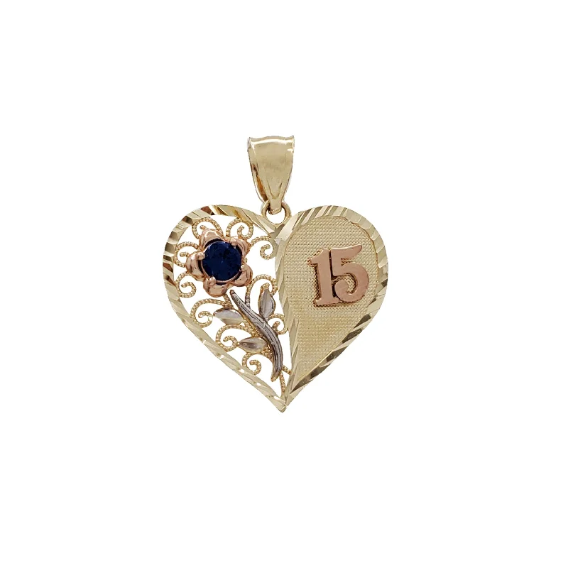 Gemstone Rings For Special Occasions-Zirconia Birthstone "15 Birthday" Flower Heart Pendant (14K)