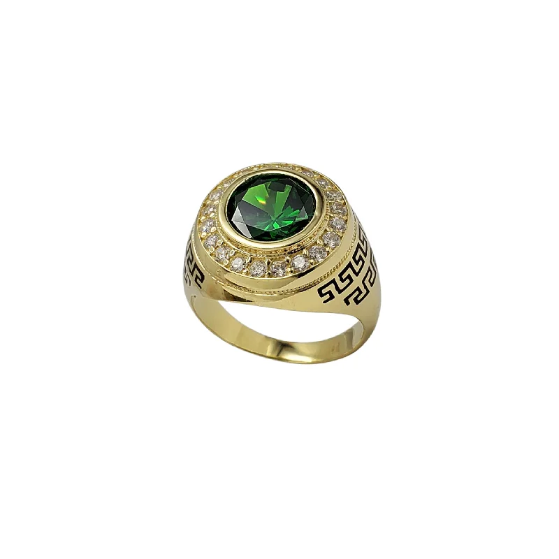 Personalized Initial Rings For Custom Gifts-Round Halo Bezel Green Zirconia Greek Key Men's Ring (14K)