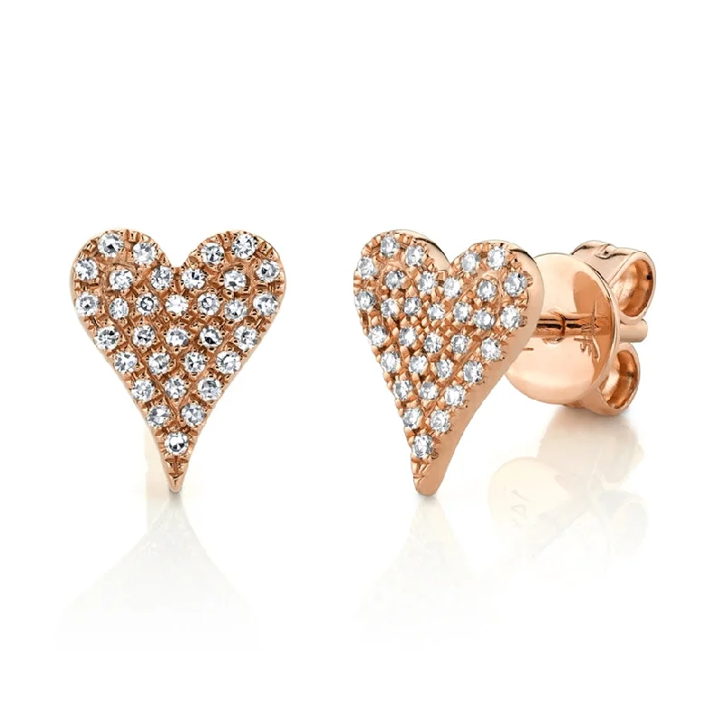 Large Statement Earrings For Parties-14K Rose Gold Diamond Heart Stud Earrings