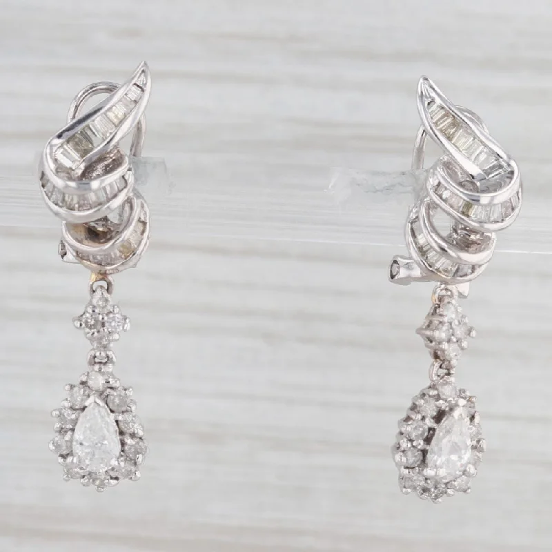 Unique Earrings For Bridal Jewelry-1.63ctw Diamond Teardrop Halo Earrings 18k White Gold Pierced Omega Backs