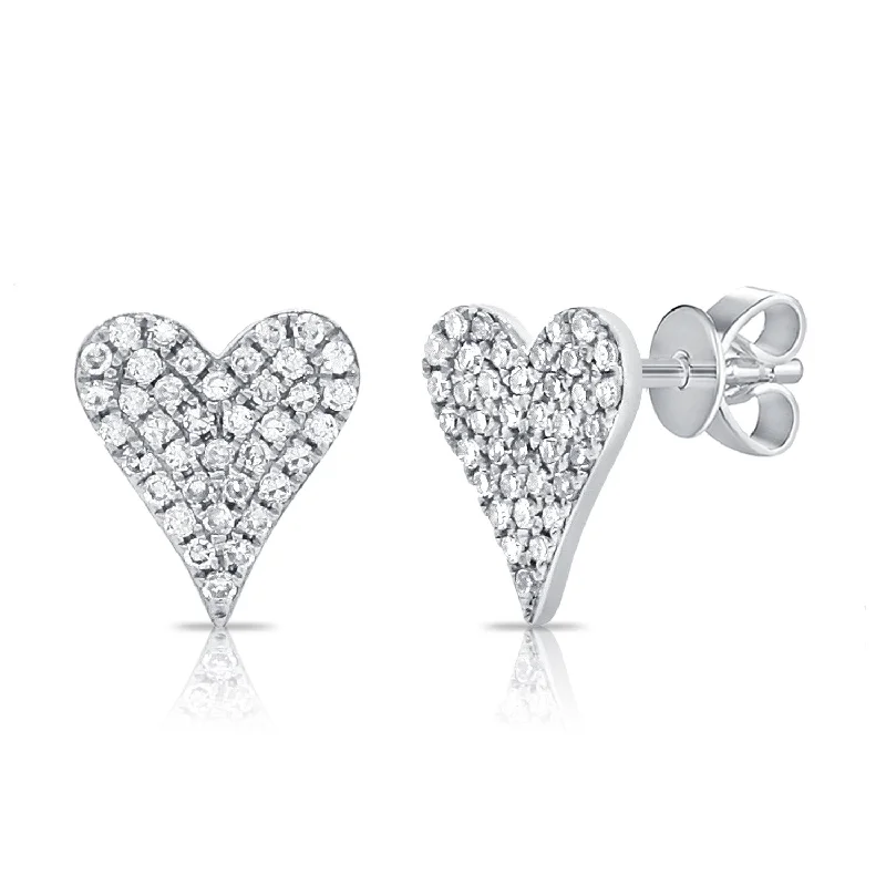 Stunning Gemstone Earrings For Weddings-14K White Gold Diamond Pave Heart Stud Earrings