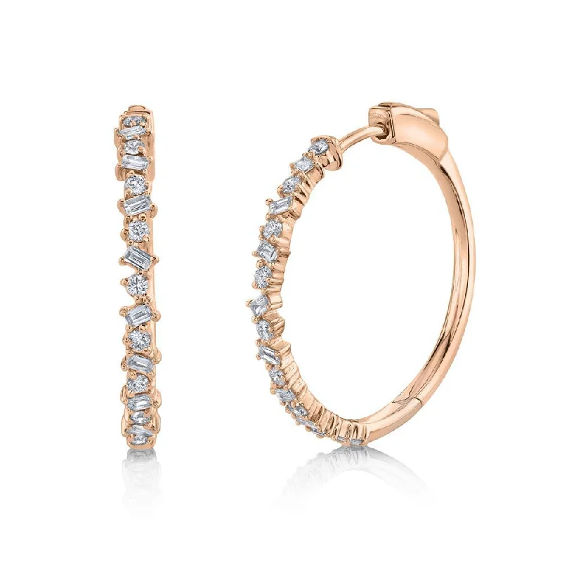 Customizable Earrings For Personal Touch-14K Rose Gold Round+Baguette Diamond Hoop Earrings