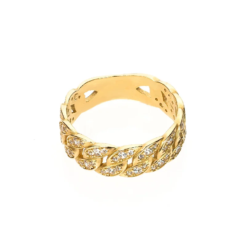 Customizable Gold Rings For Personal Style-Iced-Out  Cuban Link Ring (14K)