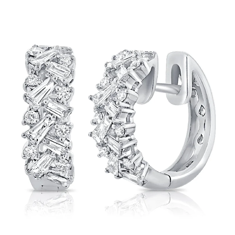 Trendy Silver Earrings For Bold Looks-14K White Gold Round + Baguettes Diamond Huggies