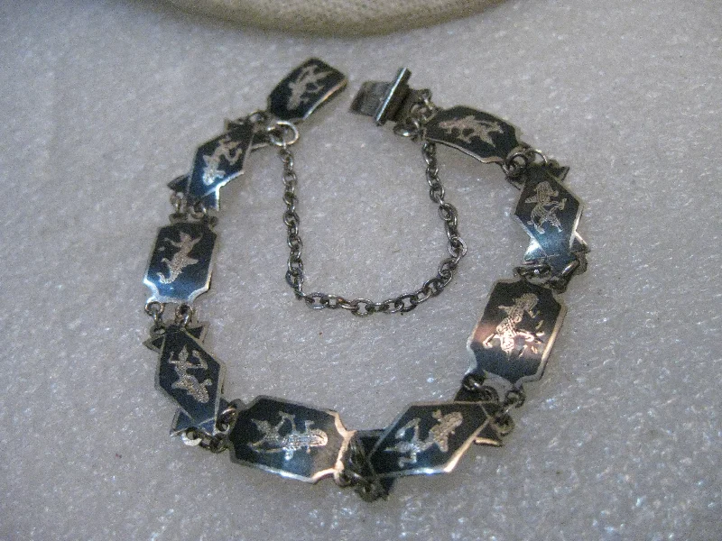 Bracelets For Brides-Vintage Sterling Silver Siam Bracelet, Black enameled, 7", 8.6mm wide, safety chain