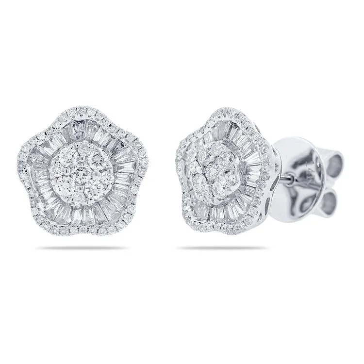 Statement Earrings For Fashionistas-14K White Gold Round and Baguette Diamond Flower Earrings