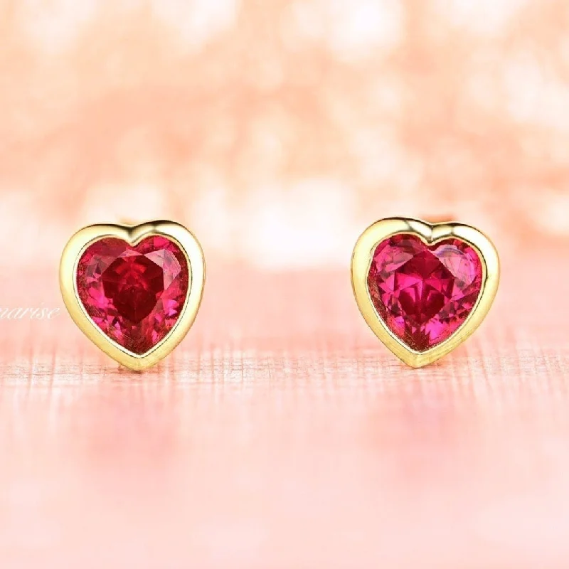 Stunning Gemstone Earrings For Weddings-Heart Ruby Earrings- 14K Yellow Gold Vermeil