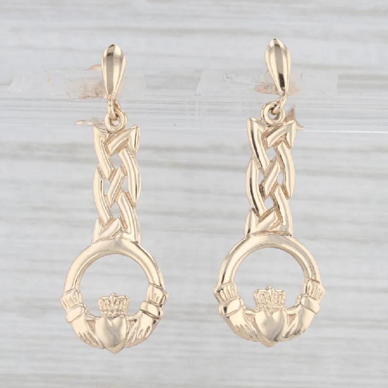 Affordable Hoop Earrings For Fashion Lovers-Irish Claddagh Celtic Knot Dangle Earrings 9k Yellow Gold Drops