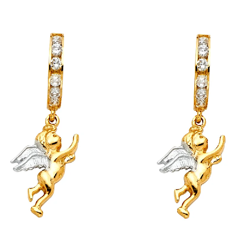 Crystal Earrings For Elegant Style-14K 2T CZ Angel Hanging Huggies Earrings