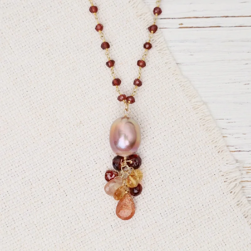 Bold Resin Bar Necklaces For Fashion Forward-Champagne Edison Pearl, Sunstone, Garnet, Citrine Pendant Necklace