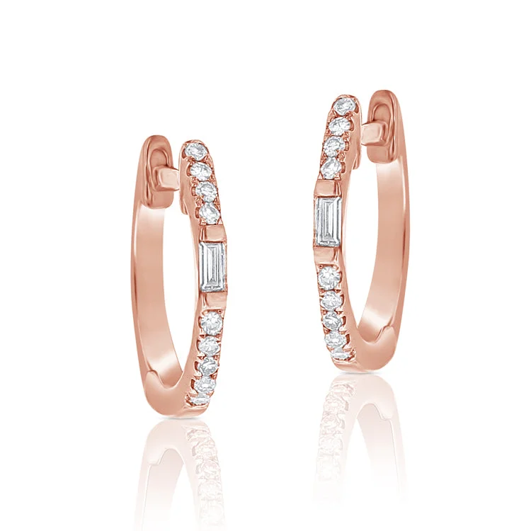 Crystal Stud Earrings For Timeless Style-14K Rose Gold Round and Baguette Diamond Huggie Earrings