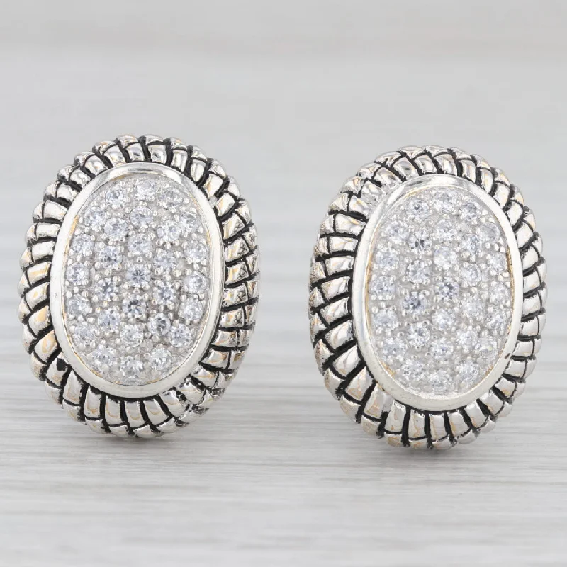 Vintage Drop Earrings For Formal Wear-Pave Cubic Zirconia Earrings Sterling Silver Pierced Omega Back Drops