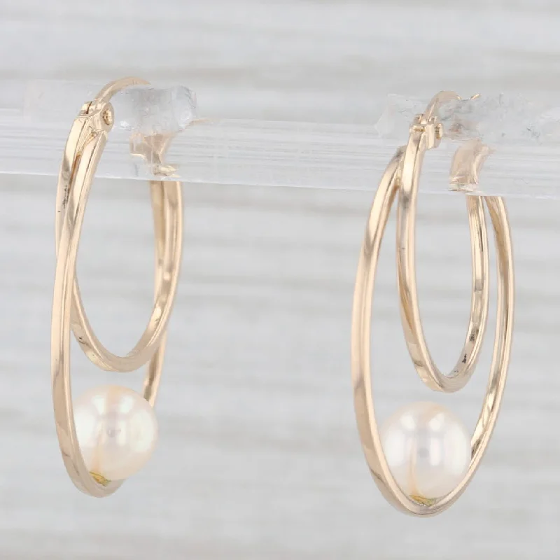 Modern Geometric Earrings-Cultured Pearl Double Hoop Earrings 14k Yellow Gold Snap Top Round Hoops