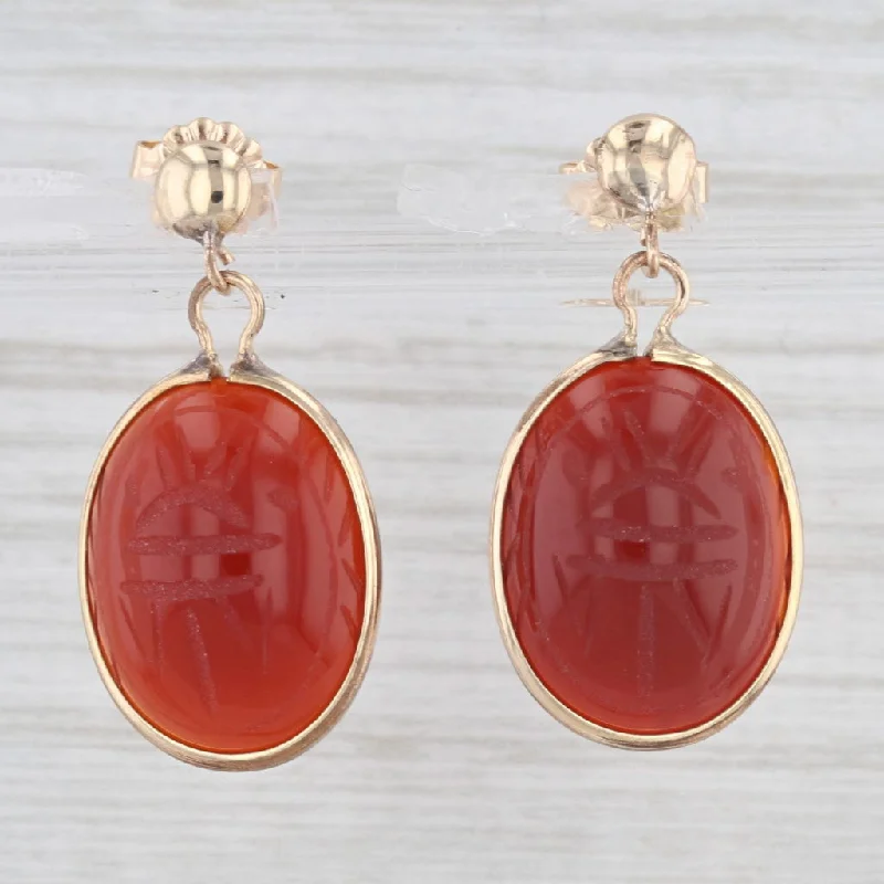 Gold Dangle Earrings For Party Wear-Carved Carnelian Scarab Drop Earrings 14k Yellow Gold Pierced Dangles