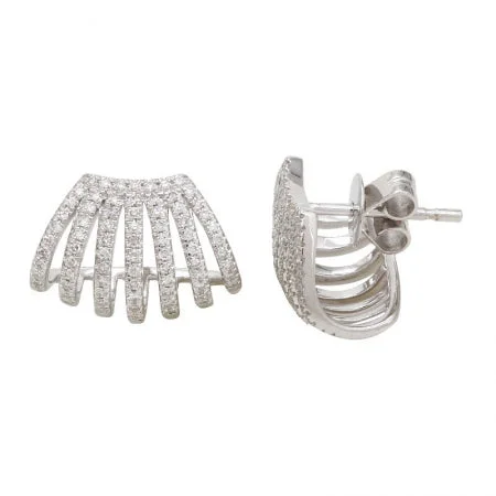 Large Pearl Earrings For Evening Look-14K White Gold Multi Row Caged Diamond Earring