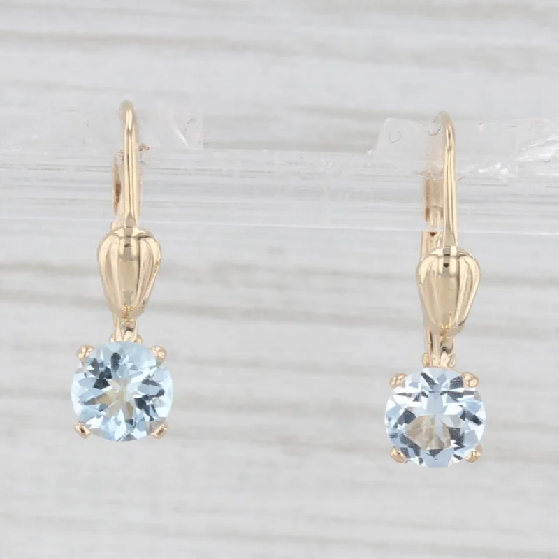 Sparkling Earrings For New Year’s Eve-0.50ctw Aquamarine Drop Earrings 14k Yellow Gold Round Solitaires Lever Backs