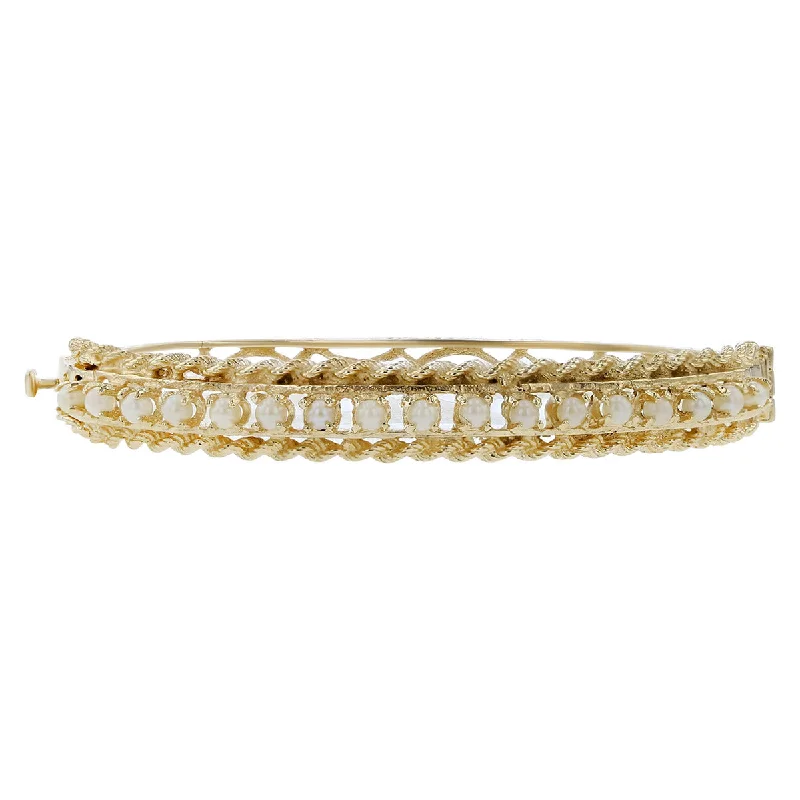 Bangles For Cultural Celebrations-14K Yellow Gold Pearl and Rope Border Bangle