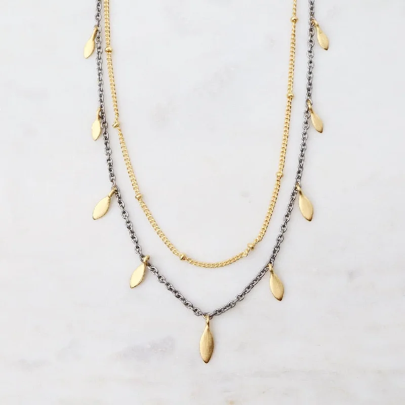 Bold Chain Necklaces For Special Events-Two Tone Two Layer Necklace with Leaves