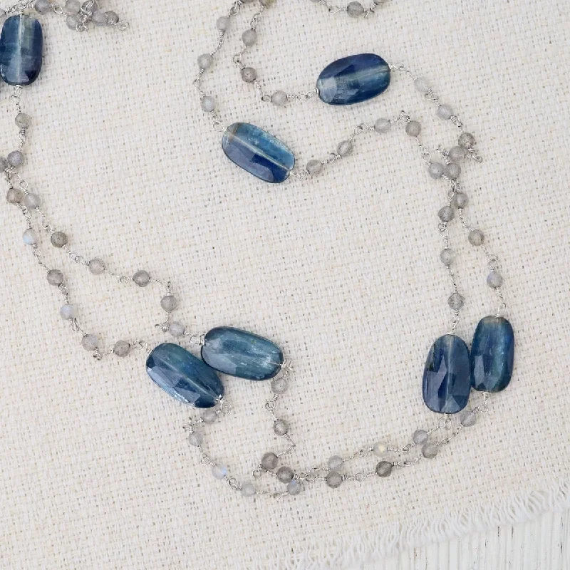 Custom Nameplate Necklaces For Unique Gifts-Silver Blue Kyanite & Labradorite 42" Bead Chain Necklace