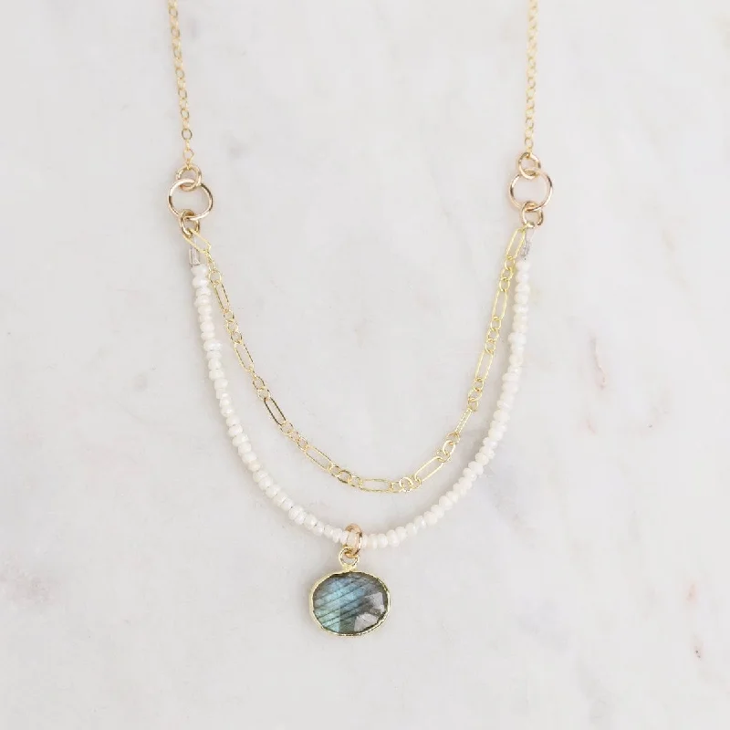 Trendy Crystal Necklaces For Casual Wear-Tiny Pearl and Labradorite Necklace