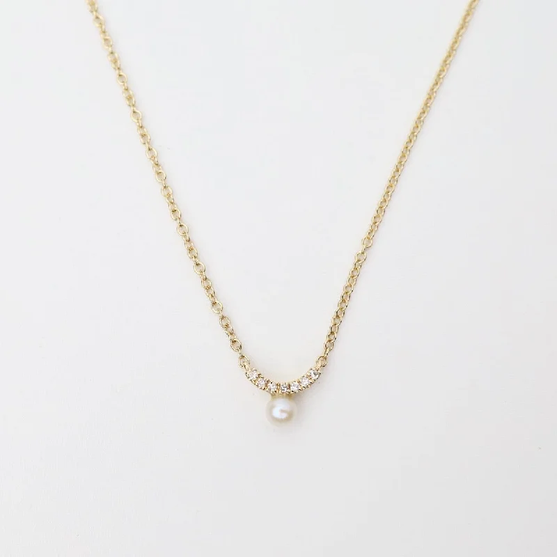 Large Gold Pendant Necklaces For Bold Fashion-Mini Curve Diamond Bar with Pearl Necklace