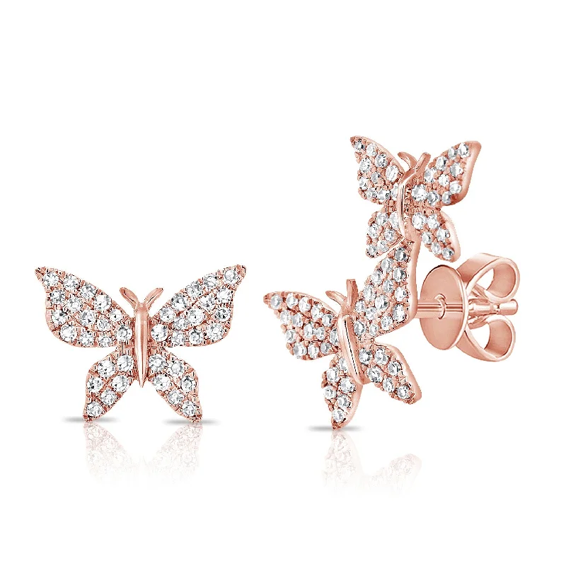 Handmade Earrings For Women-14K Rose Gold Diamond Butterfly Stud Earrings