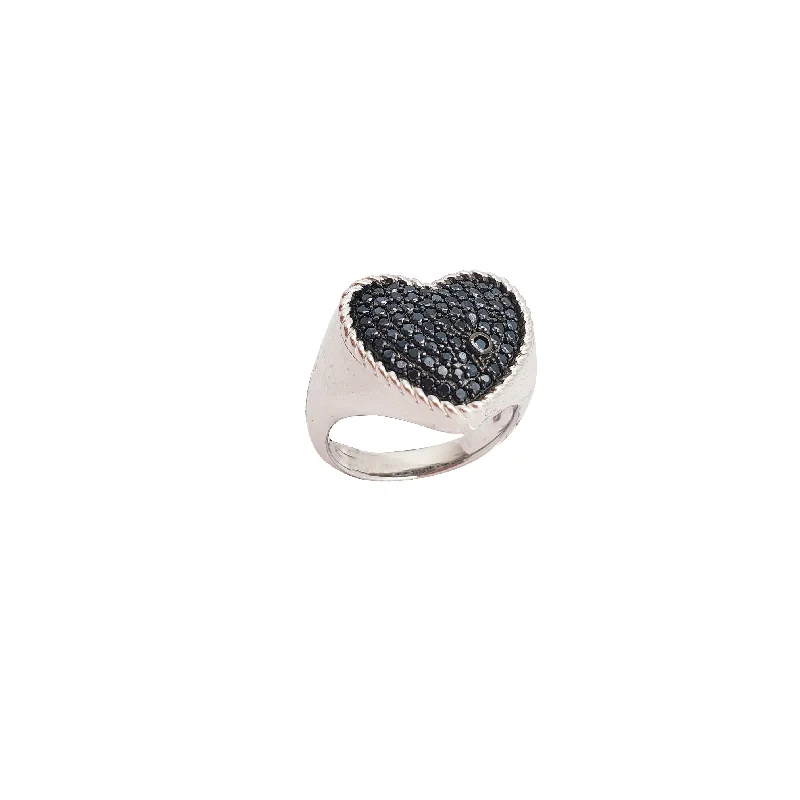 Personalized Cocktail Rings For Special Occasions-Heart Shape Black CZ Ring (Silver)