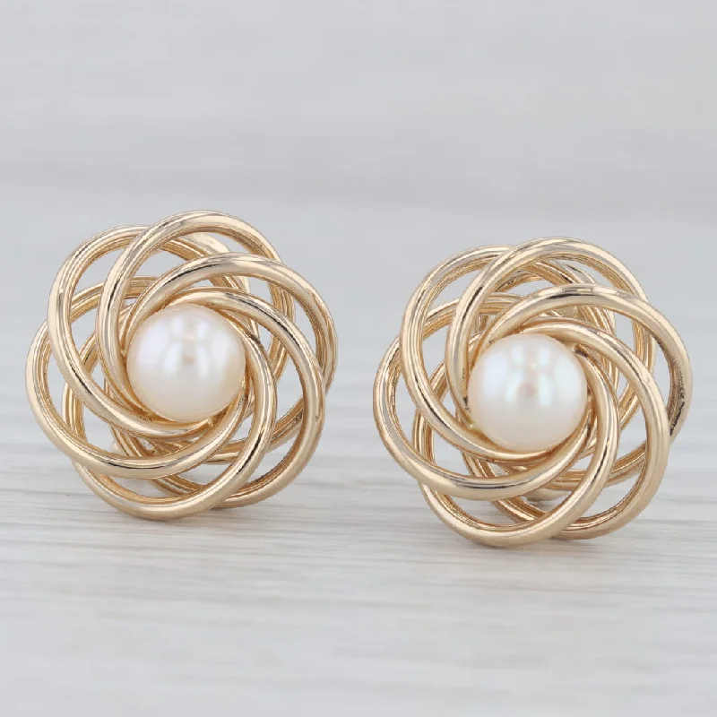 Chunky Earrings For Bold Fashion Statements-Cultured Pearl Knot Stud Earrings 14k Yellow Gold Omega Backs