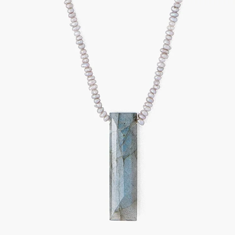 Fashionable Crystal Pendant Necklaces For Chic Looks-Tiny Grey Pearls with Labradorite Tab Necklace