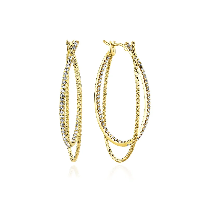 Handmade Gold Earrings For Special Occasions-14K Yellow Gold Diamond Double Twisted Hoop Earring