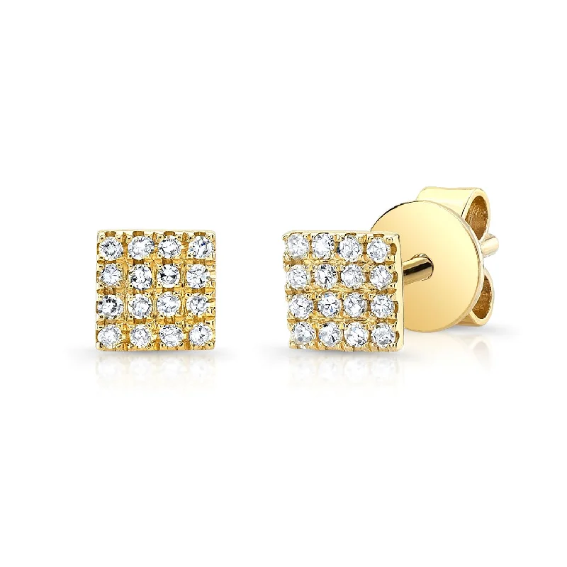 Elegant Pearl Drop Earrings-14K Yellow Gold Diamond Pave Mini Square Earrings