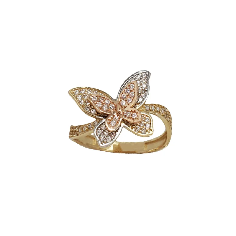 Silver Cocktail Rings For Bold Glam-Zirconia Tricolor Butterfly Ring (14K)