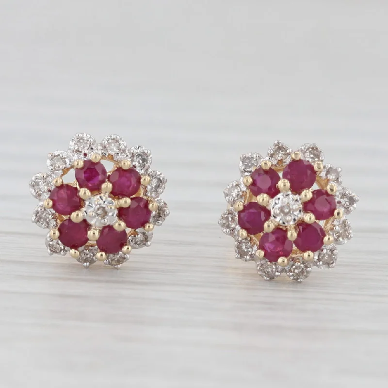 Handcrafted Earrings For Bohemian Style-0.84ctw Ruby Diamond Flower Cluster Stud Earrings 14k Yellow Gold