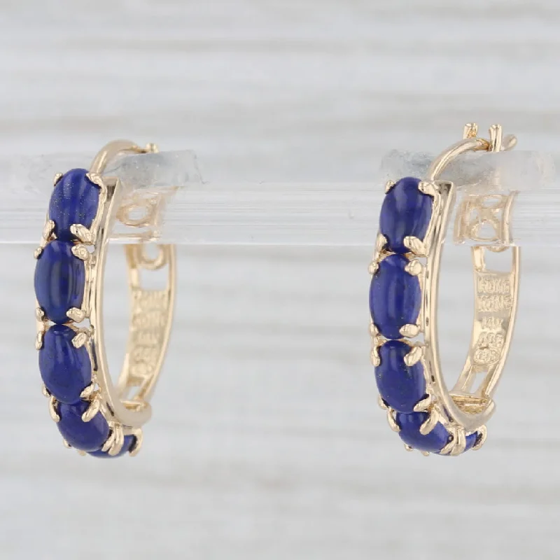 Modern Earrings For Everyday Fashion-Lapis Lazuli Hoop Earrings 14k Yellow Gold Snap Top Round Hoops