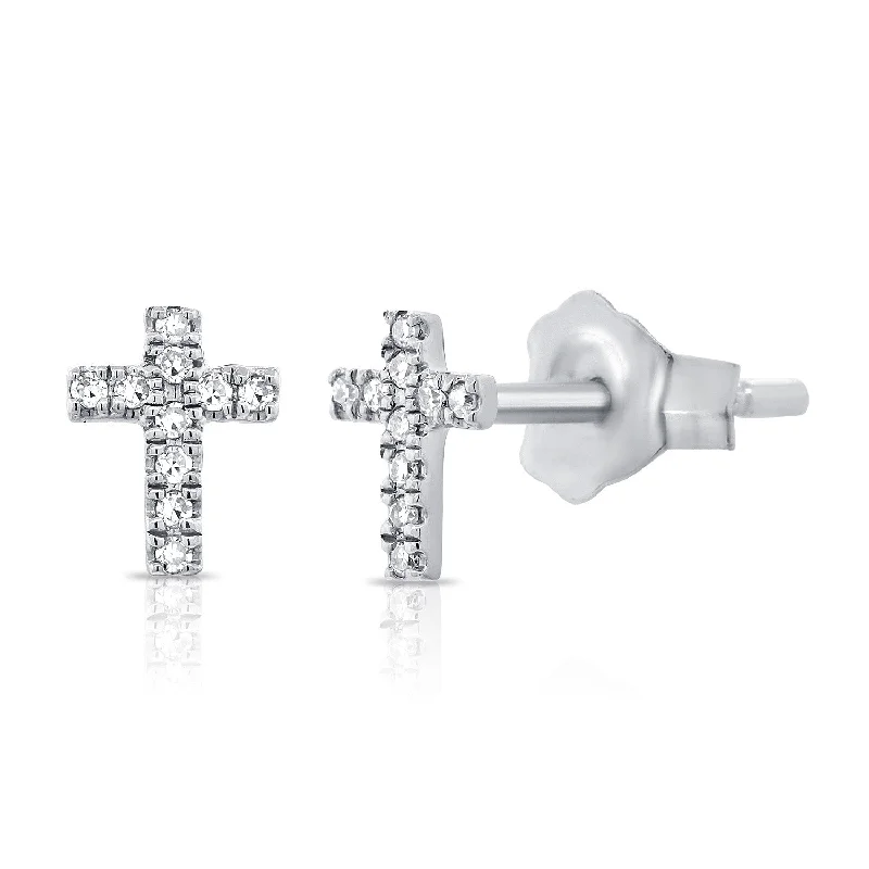 Sleek Silver Earrings For Daily Wear-14K White Gold Diamond Cross Stud Earrings