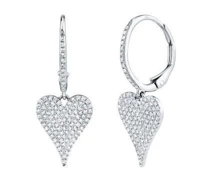 Unique Wooden Earrings For Nature Lovers-14K White Gold Diamond Pave Heart Dangle Earrings