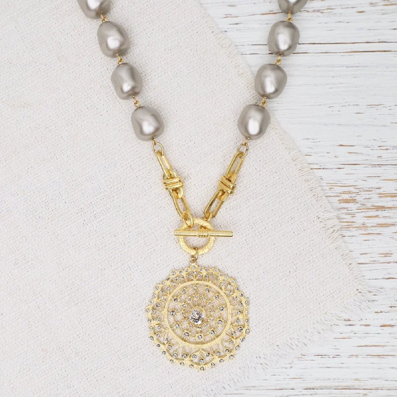 Classic Gold Necklace For Everyday Style-Grey Glass Pearl Necklace with Crystal Medallion