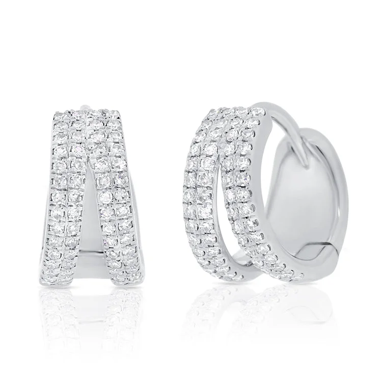 Modern Pearl Earrings For Evening Wear-14K White Gold Diamond Double Row Split Huggie Earrings