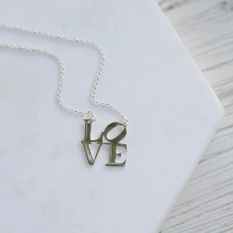 Long Dainty Necklaces For Subtle Elegance-Polished Silver LOVE Necklace