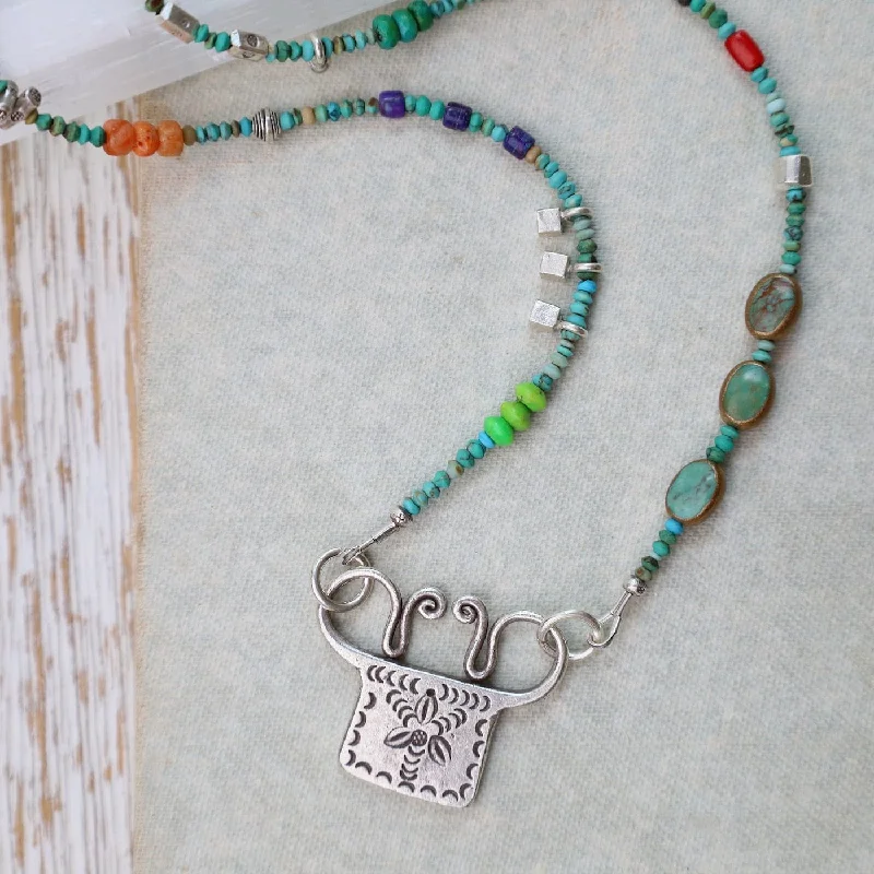 Trendy Bar Necklaces For Bold Fashion Statements-Silver Turquoise Trilogy with Windmill Spirit Lock Necklace