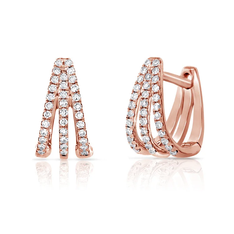 Elegant Pearl Drop Earrings-14K Rose Gold Diamond Triple Huggie Earrings