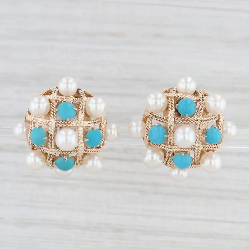 Double Hoop Earrings For Trendy Looks-Vintage Cultured Pearl Turquoise Button Earrings 14k Gold Clip On Non Pierced