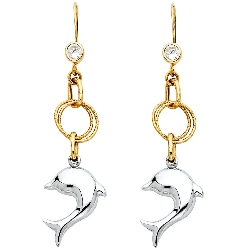 Stunning Drop Earrings For Evening Wear-14K 2T Hollow Hanging Dolphin Earrings