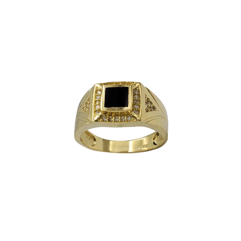 Beautiful Opal Rings For Engagement-Halo Black Onyx Square Bezel Signet Ring (14K)