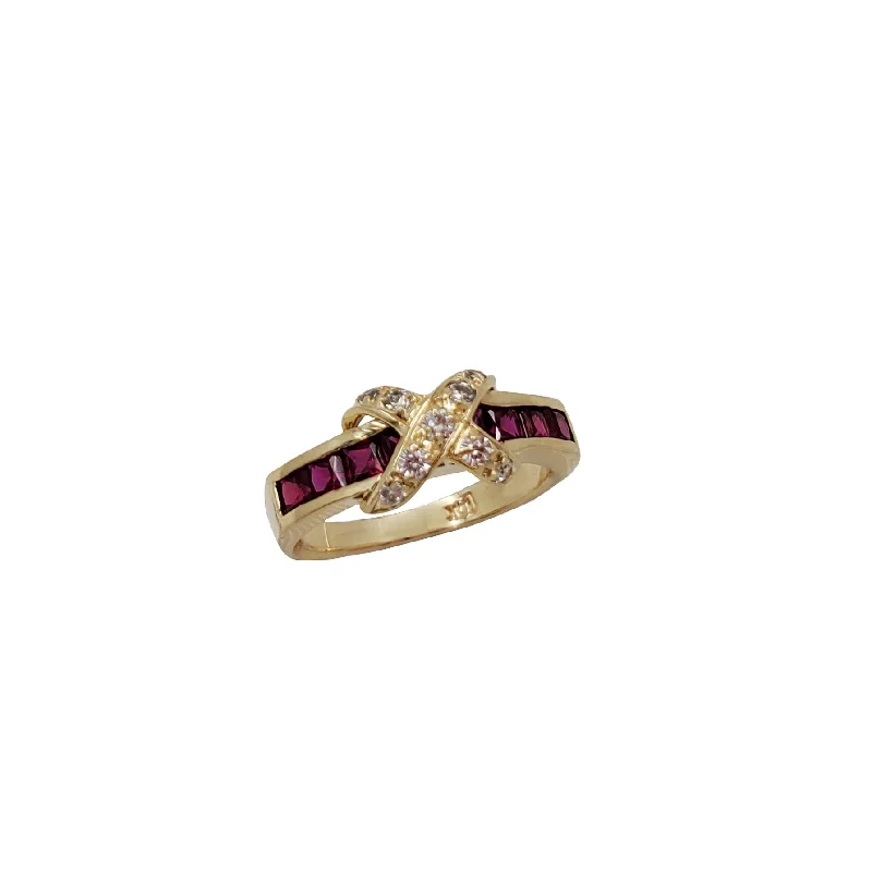 Bold Wedding Bands For Bridesmaids-Diamond & Ruby "X" Ring (14K)