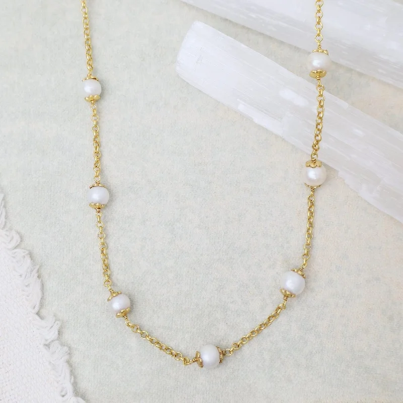 Silver Long Necklaces For Chic Style-Capped Pearls Station Necklace