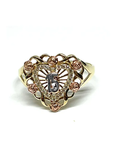 Custom Gold Rings For Meaningful Gifts-Tri-Tone Cubic Zirconia Heart Shape "15 Años" Ring (14K)