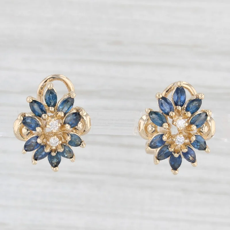 Unique Wooden Earrings For Nature Lovers-1.25ctw Blue Sapphire Diamond Flower Stud Earrings 14k Yellow Gold Omega Backs