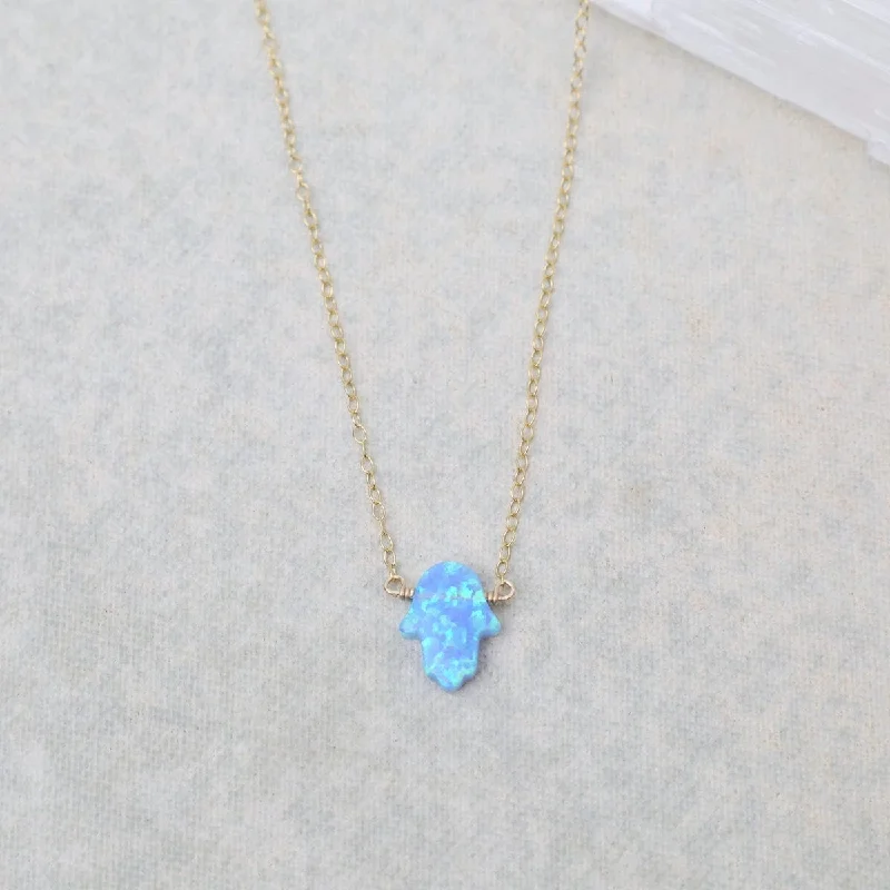 Beautiful Rose Gold Necklaces For Elegant Wear-Blue Opal Hamsa Necklace